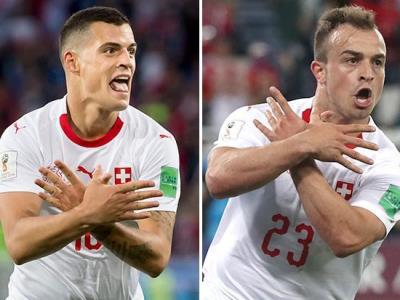 granit xhaka and xherdan shaqiri making albanian eagle hand gesture